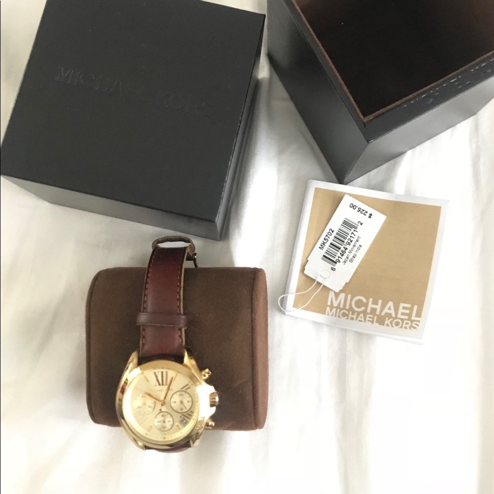 MICHAEL KORS CHRONO GOLD WATCH LEATHER STRAP $225